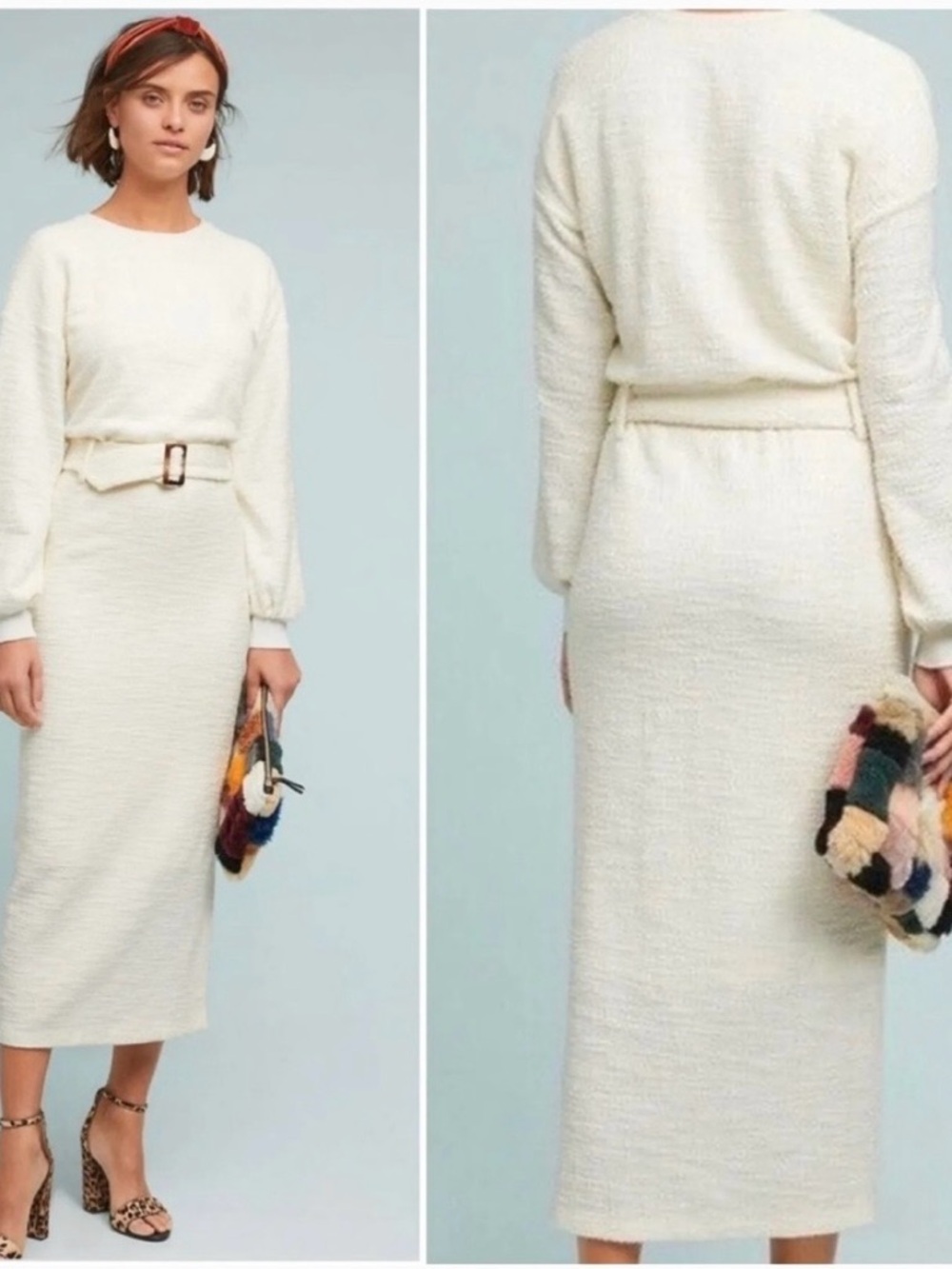 Anthropologie Cream Knit Midi Dress with Belt